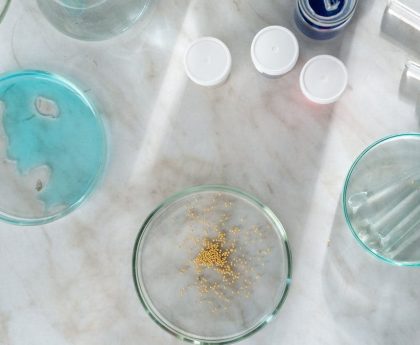 A top-down view of petri dishes and lab equipment on marble with blue liquid and golden particles.
