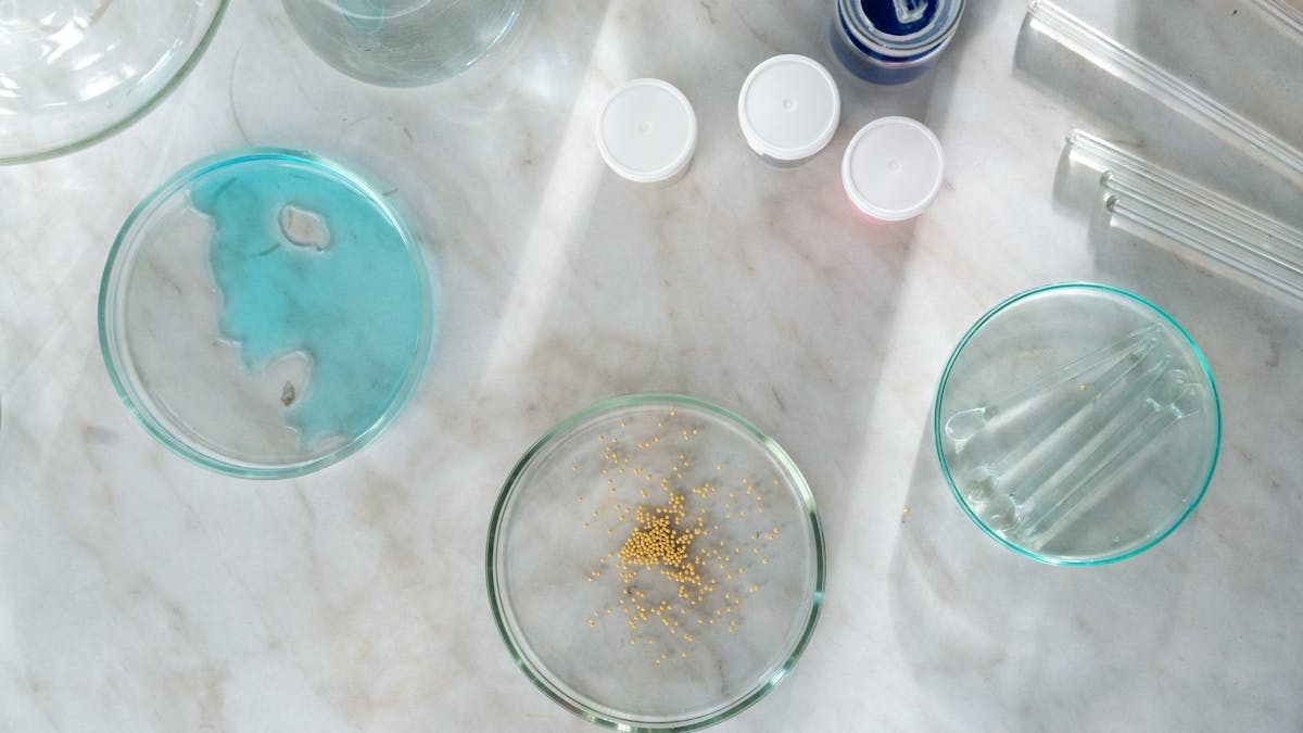 A top-down view of petri dishes and lab equipment on marble with blue liquid and golden particles.